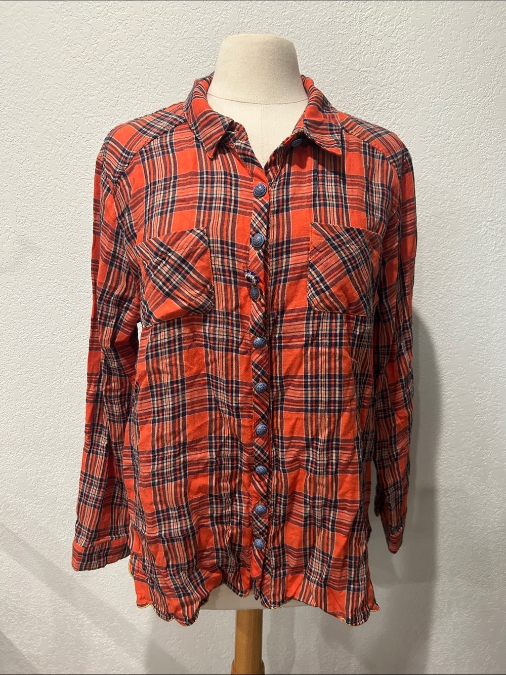 Women’s Red Plaid Button-Front Blouse with Floral Trim
